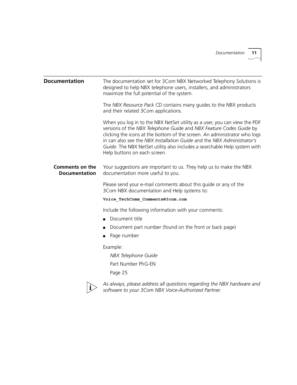 Documentation, Comments on the documentation | 3Com NBX 3101 User Manual | Page 11 / 126