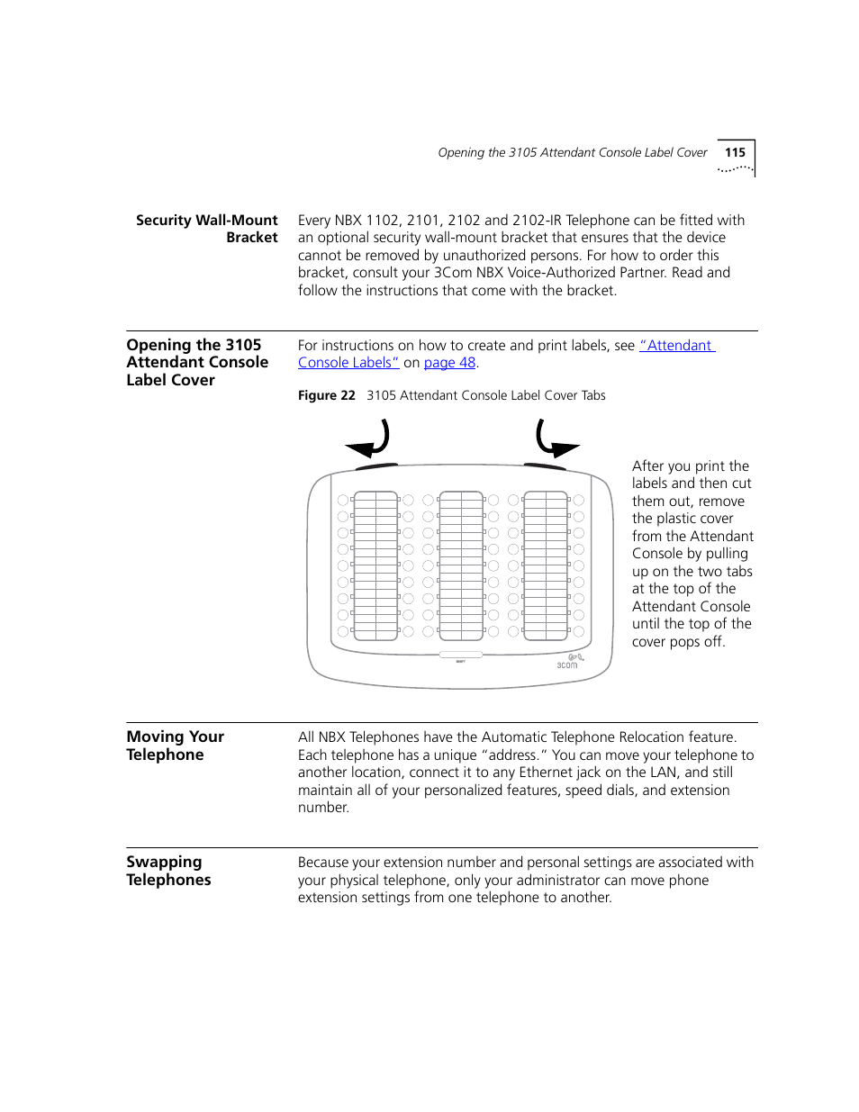 Security wall-mount bracket, Opening the 3105 attendant console label cover, Moving your telephone | Swapping telephones | 3Com NBX 3101 User Manual | Page 115 / 126