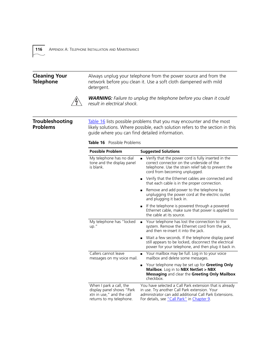 Cleaning your telephone, Troubleshooting problems | 3Com NBX 3101 User Manual | Page 116 / 126