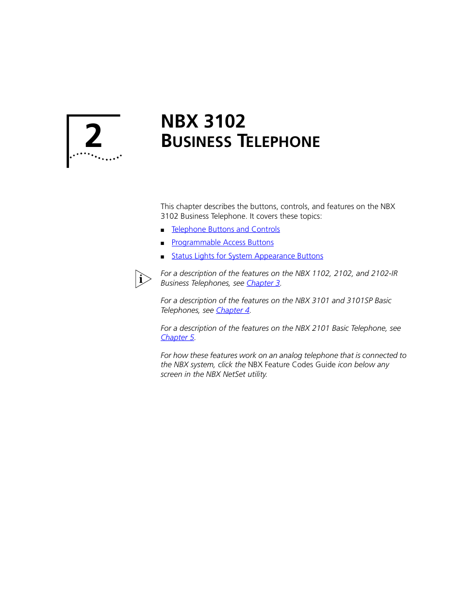 Nbx 3102 business telephone, Nbx 3102 b, Usiness | Elephone, Chapter 2 | 3Com NBX 3101 User Manual | Page 17 / 126