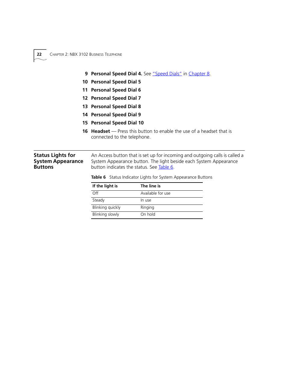 Status lights for system appearance buttons, Later in this chapter | 3Com NBX 3101 User Manual | Page 22 / 126