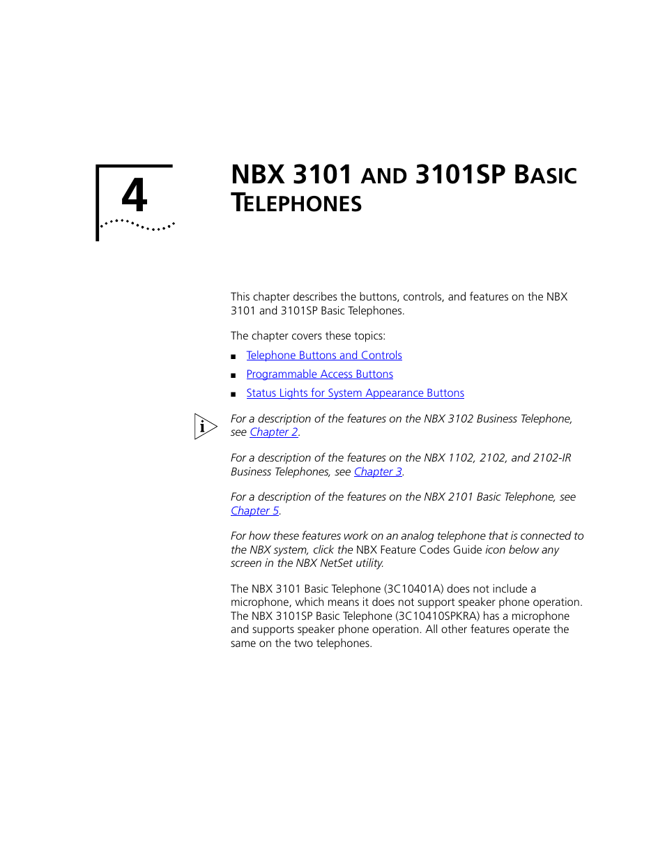 Nbx 3101 and 3101sp basic telephones, Nbx 3101, 3101sp b | Asic, Elephones, Chapter 4, Ones, see | 3Com NBX 3101 User Manual | Page 29 / 126