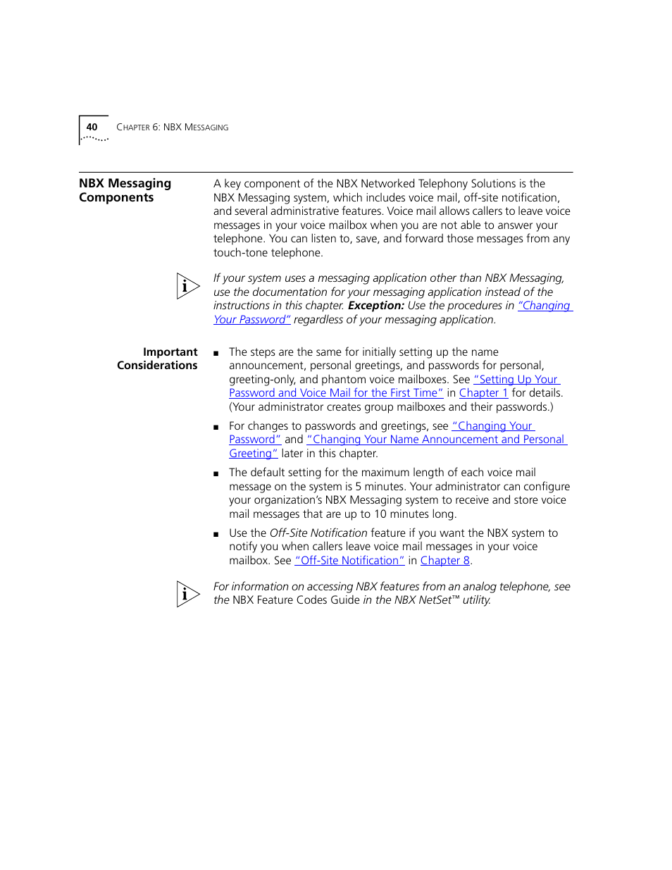 Nbx messaging components, Important considerations | 3Com NBX 3101 User Manual | Page 40 / 126