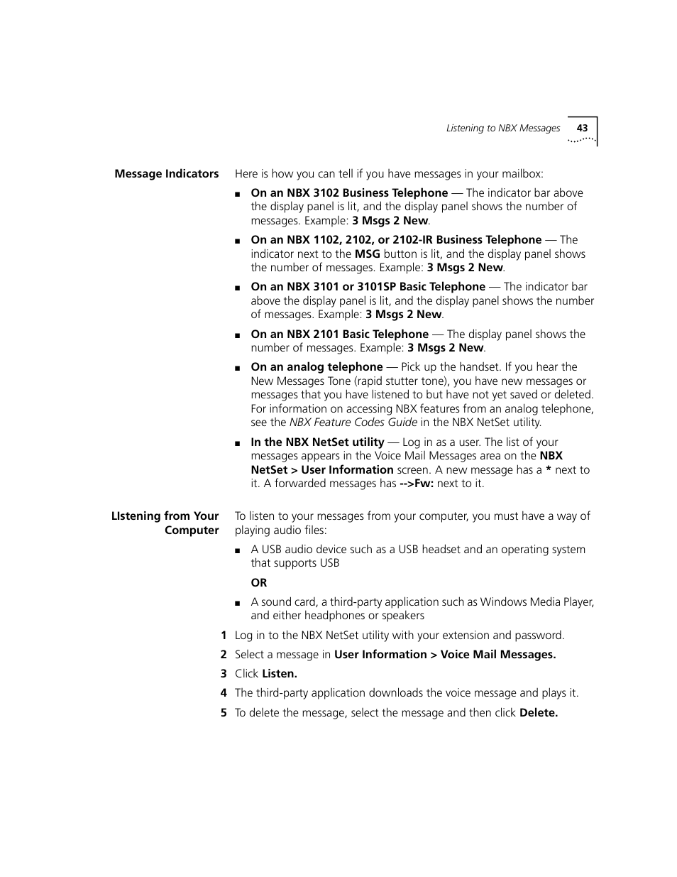 Message indicators, Listening from your computer | 3Com NBX 3101 User Manual | Page 43 / 126
