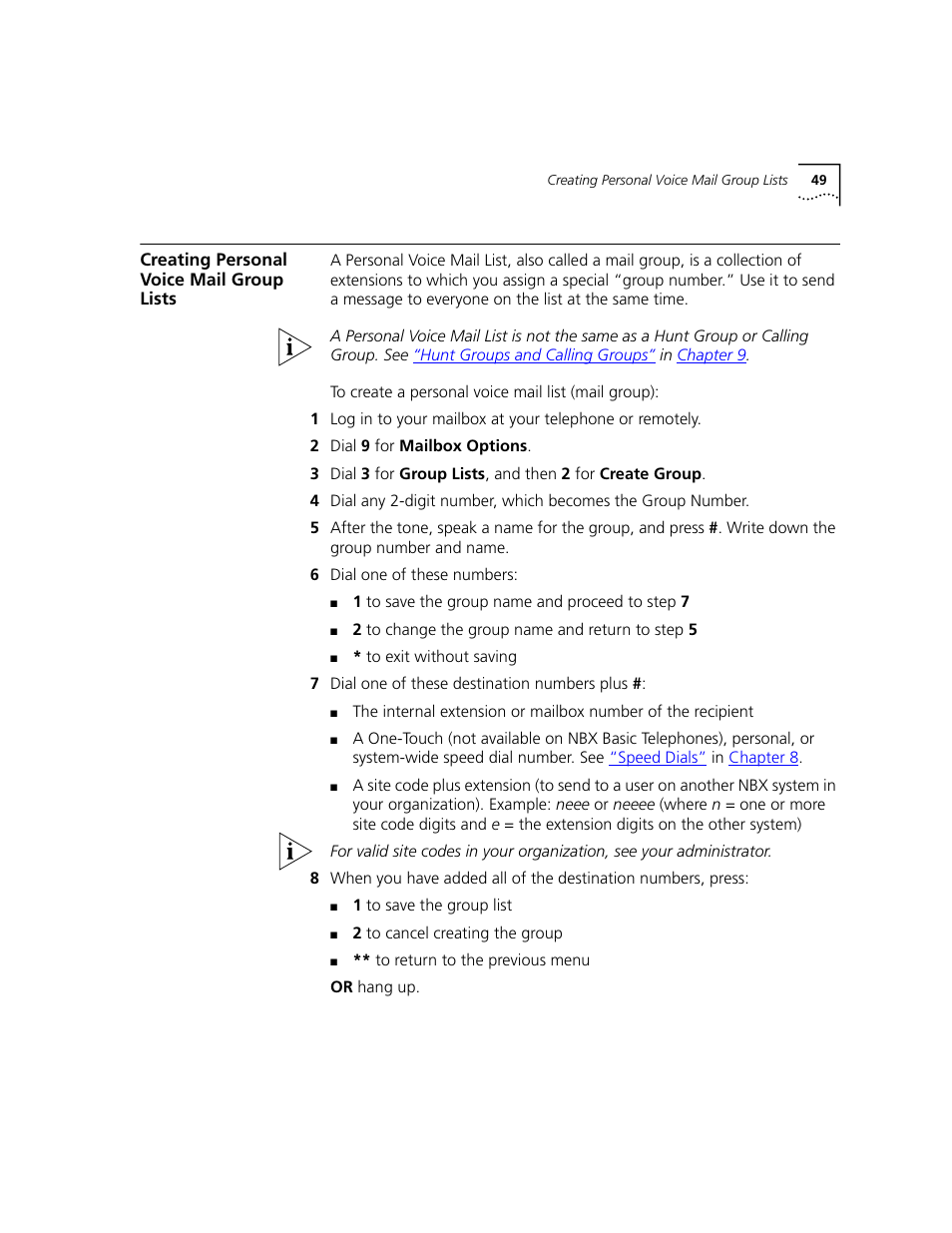 Creating personal voice mail group lists, Creating personal voice, Mail group lists | Later in this chapter | 3Com NBX 3101 User Manual | Page 49 / 126