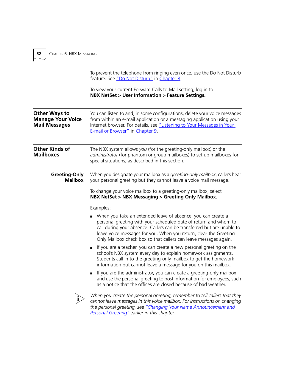 Other ways to manage your voice mail messages, Other kinds of mailboxes, Greeting-only mailbox | Later | 3Com NBX 3101 User Manual | Page 52 / 126