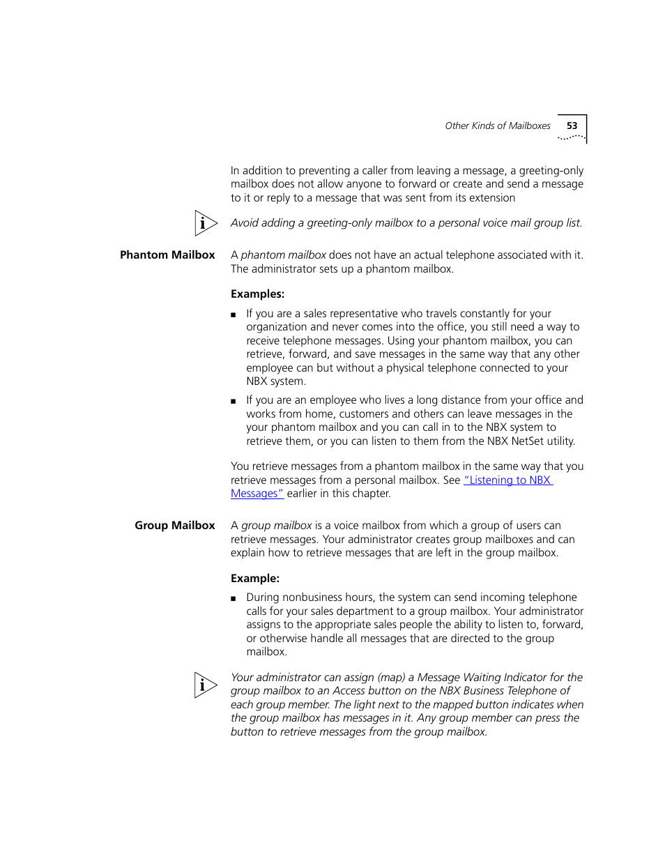 Phantom mailbox, Group mailbox | 3Com NBX 3101 User Manual | Page 53 / 126
