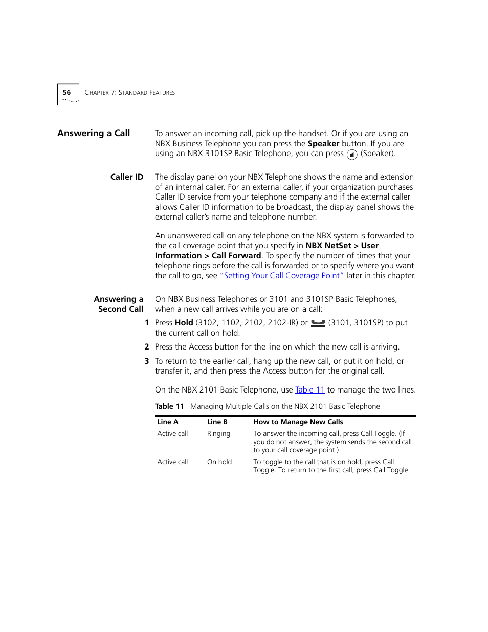 Answering a call, Caller id, Answering a second call | 3Com NBX 3101 User Manual | Page 56 / 126