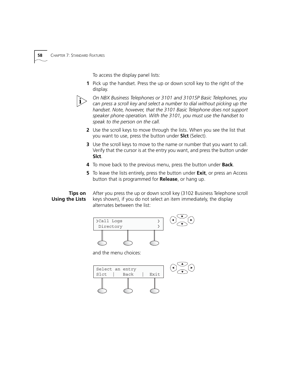 Tips on using the lists | 3Com NBX 3101 User Manual | Page 58 / 126
