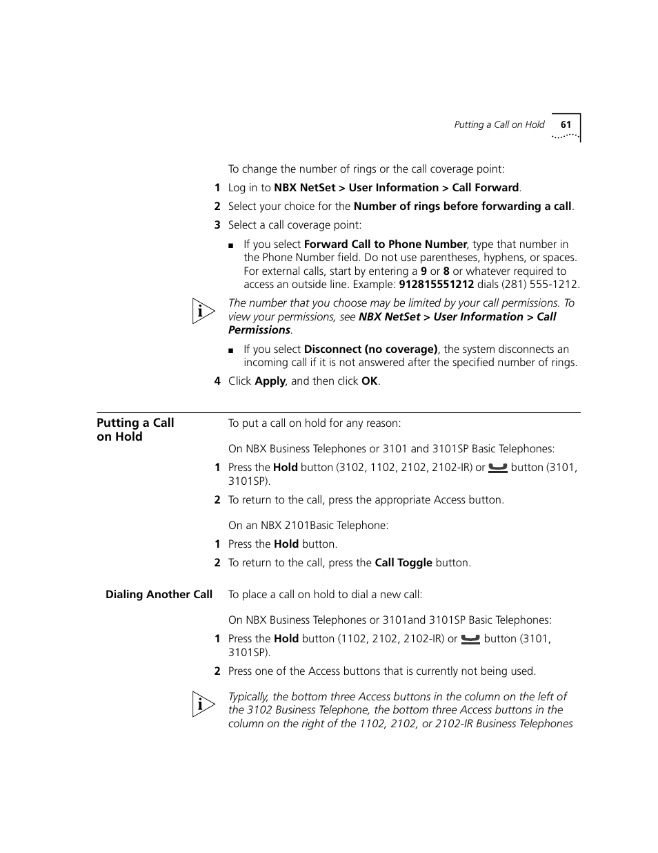 Putting a call on hold, Dialing another call | 3Com NBX 3101 User Manual | Page 61 / 126