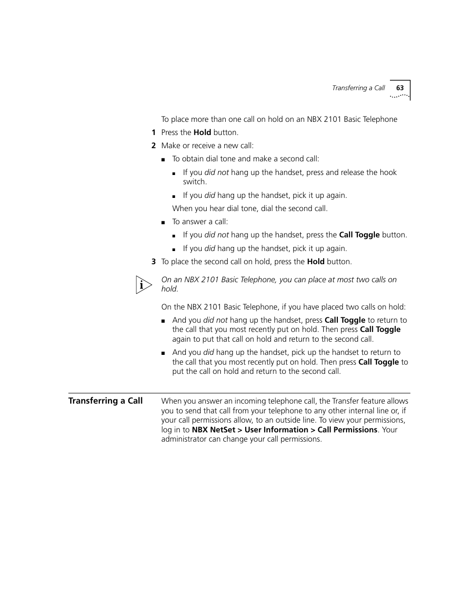 Transferring a call, Chapter 7 | 3Com NBX 3101 User Manual | Page 63 / 126