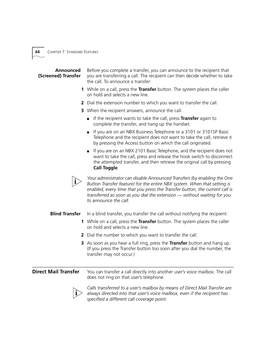 Announced (screened) transfer, Blind transfer, Direct mail transfer | 3Com NBX 3101 User Manual | Page 64 / 126