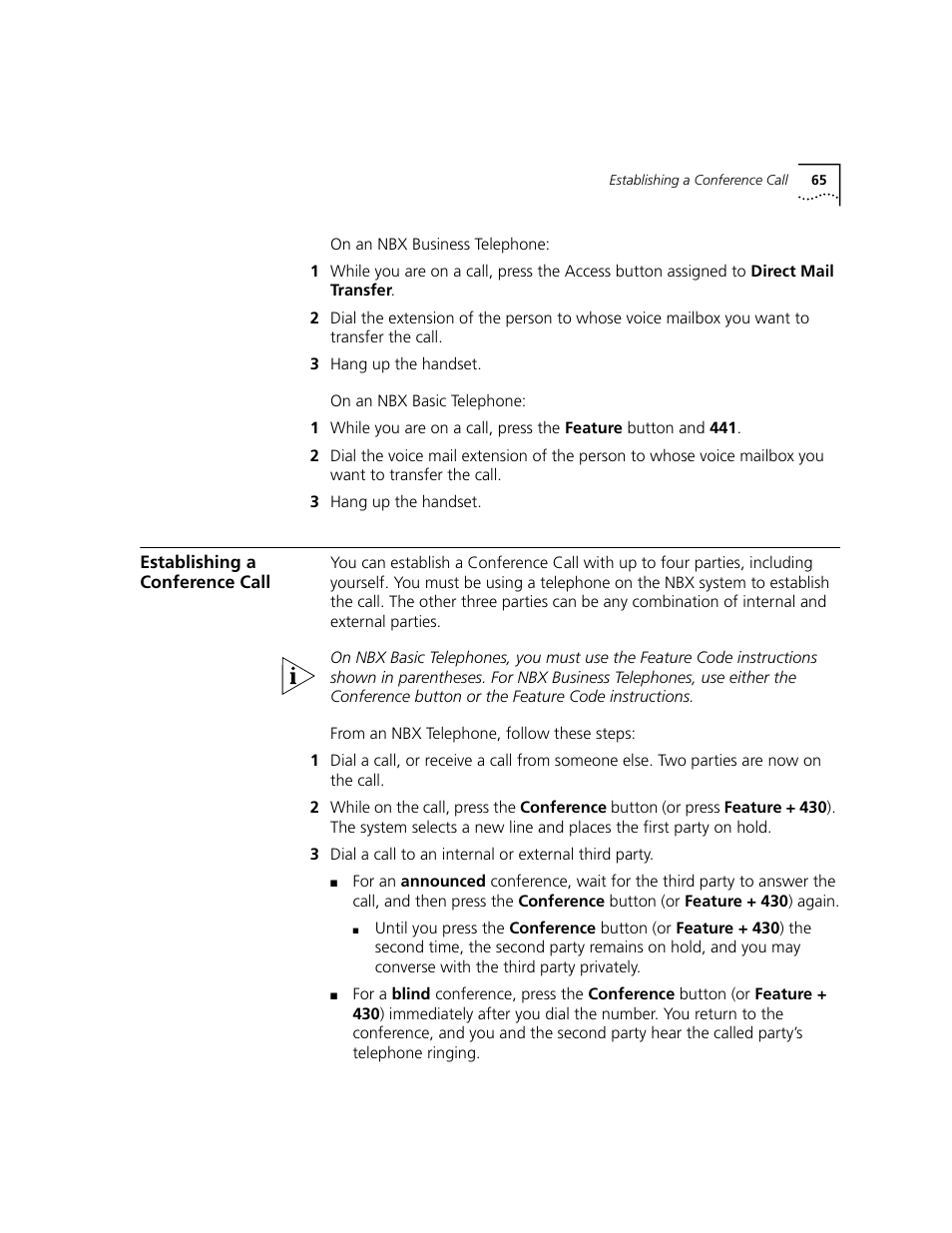 Establishing a conference call, Establishing a, Conference call | 3Com NBX 3101 User Manual | Page 65 / 126