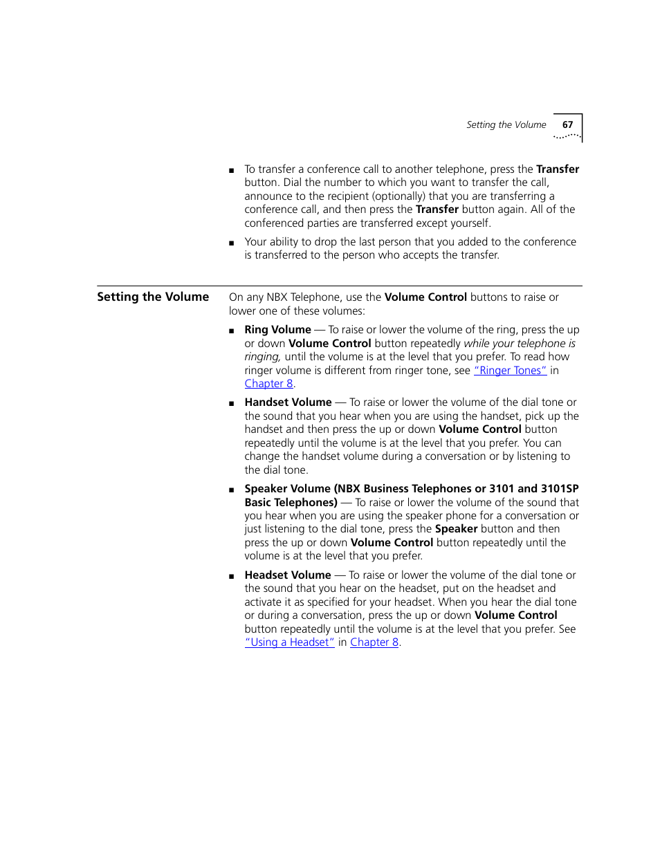 Setting the volume, Chapter 7, Setting the | Volume, Handset.see | 3Com NBX 3101 User Manual | Page 67 / 126