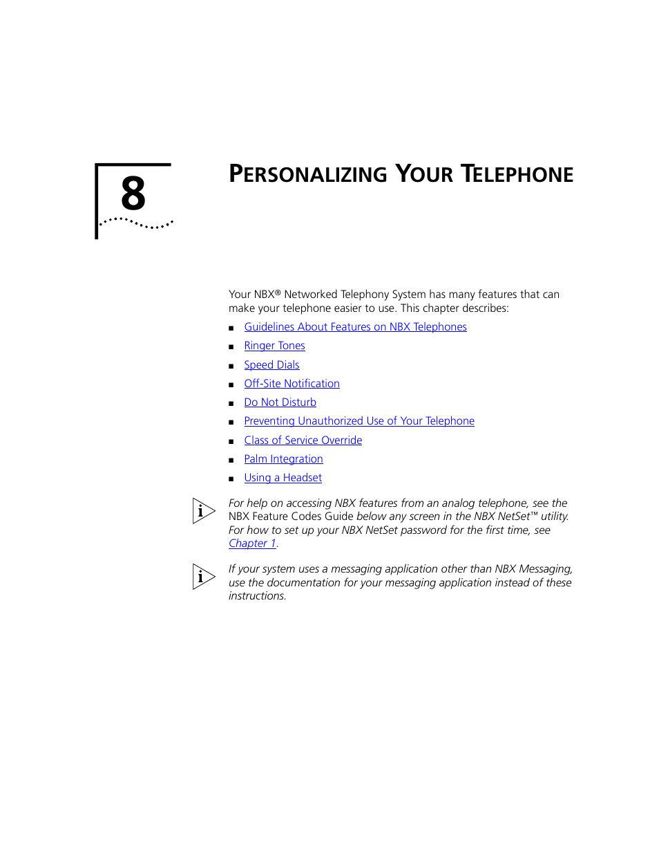 Personalizing your telephone, Ersonalizing, Elephone | Chapter 8 | 3Com NBX 3101 User Manual | Page 69 / 126