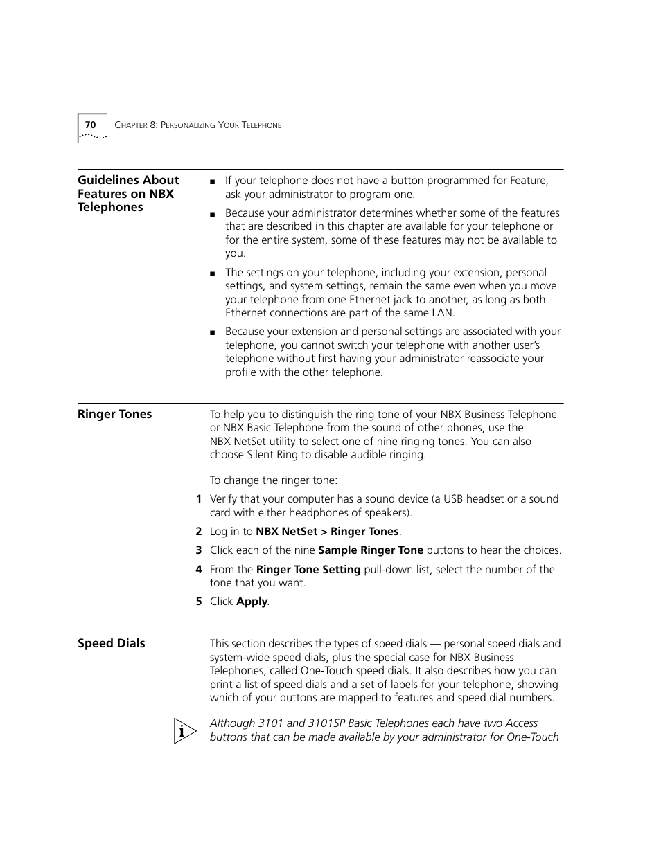 Guidelines about features on nbx telephones, Ringer tones, Speed dials | Speed, Dials | 3Com NBX 3101 User Manual | Page 70 / 126