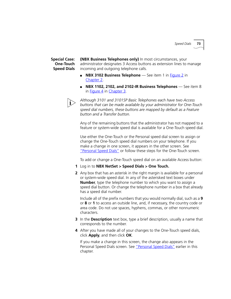 Special case: one-touch speed dials, Ne. see, Special | Case: one-touch speed dials, Next | 3Com NBX 3101 User Manual | Page 73 / 126