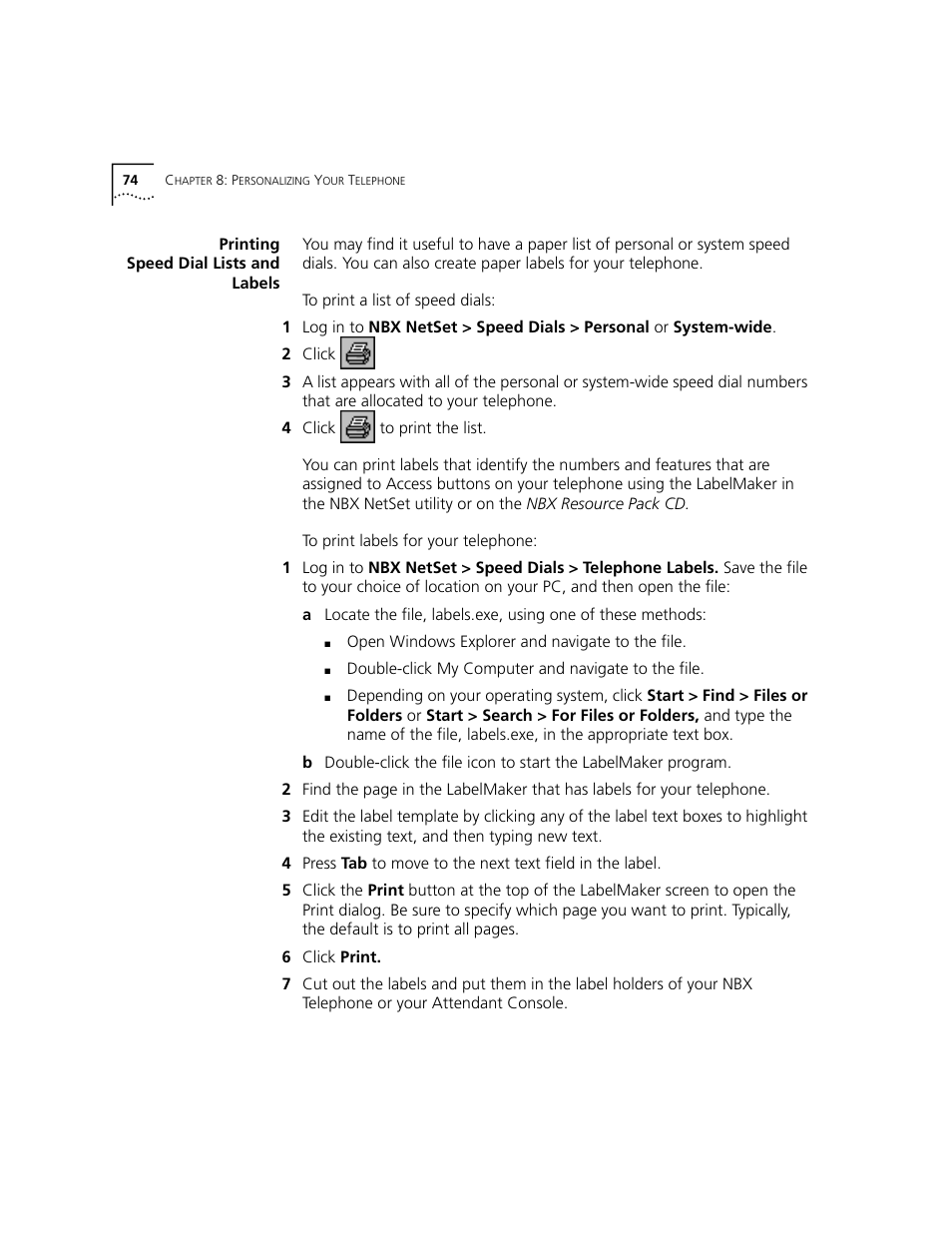 Printing speed dial lists and labels | 3Com NBX 3101 User Manual | Page 74 / 126