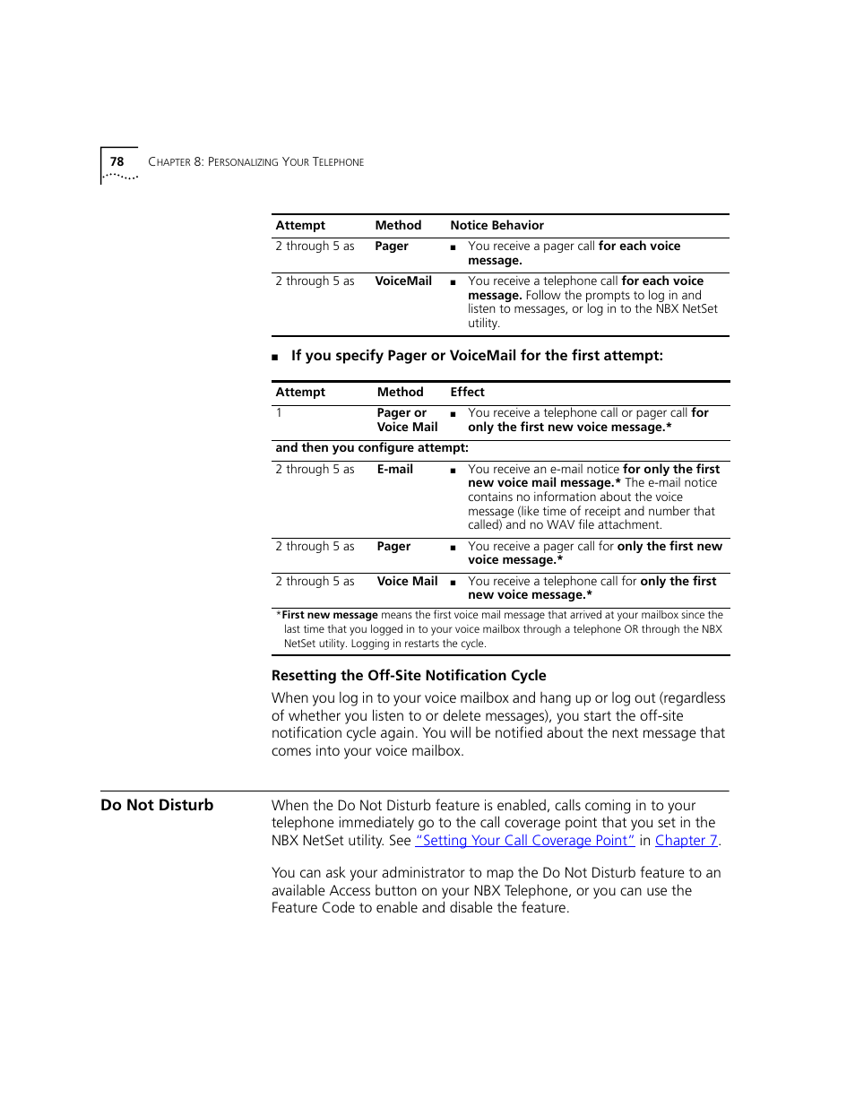 Do not disturb, Resetting the off-site notification cycle | 3Com NBX 3101 User Manual | Page 78 / 126