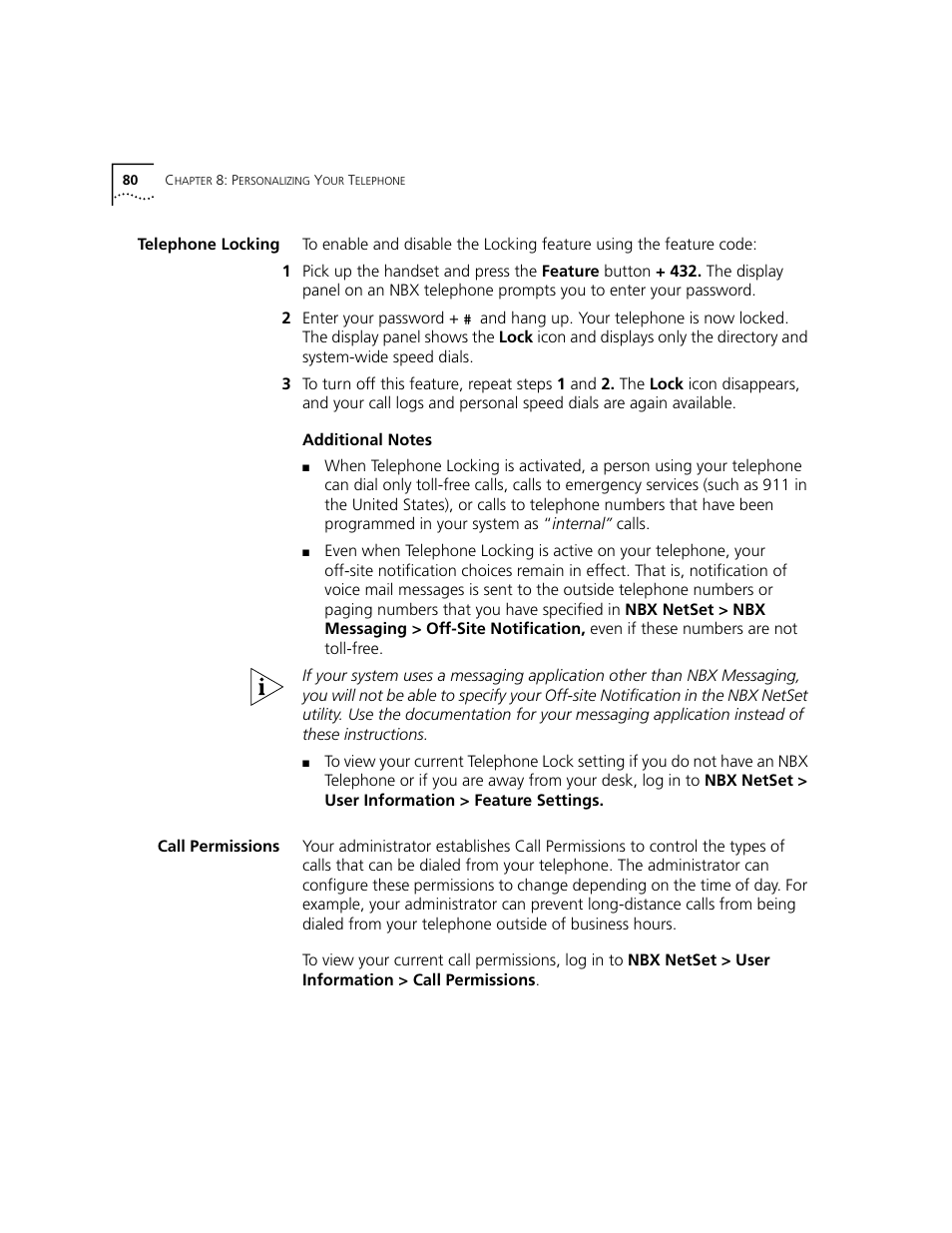 Telephone locking, Call permissions | 3Com NBX 3101 User Manual | Page 80 / 126