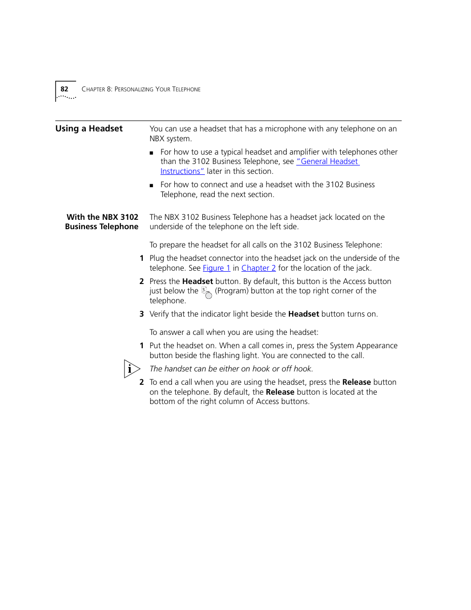 Using a headset, With the nbx 3102 business telephone, Chapter 8 | 3Com NBX 3101 User Manual | Page 82 / 126