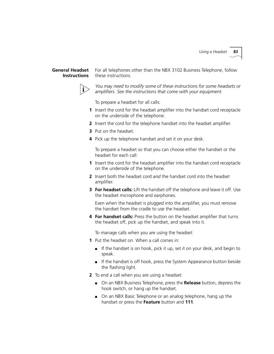 General headset instructions, Hone, see, General headset | Instructions, Later in | 3Com NBX 3101 User Manual | Page 83 / 126