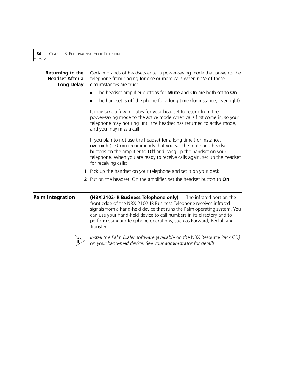 Returning to the headset after a long delay, Palm integration, System. see | Palm, Integration | 3Com NBX 3101 User Manual | Page 84 / 126