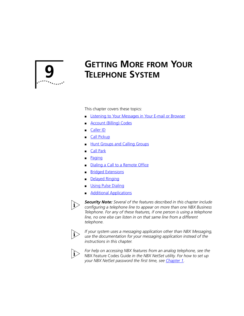 Getting more from your telephone system, Etting, From | Elephone, Ystem, Chapter 9 | 3Com NBX 3101 User Manual | Page 85 / 126