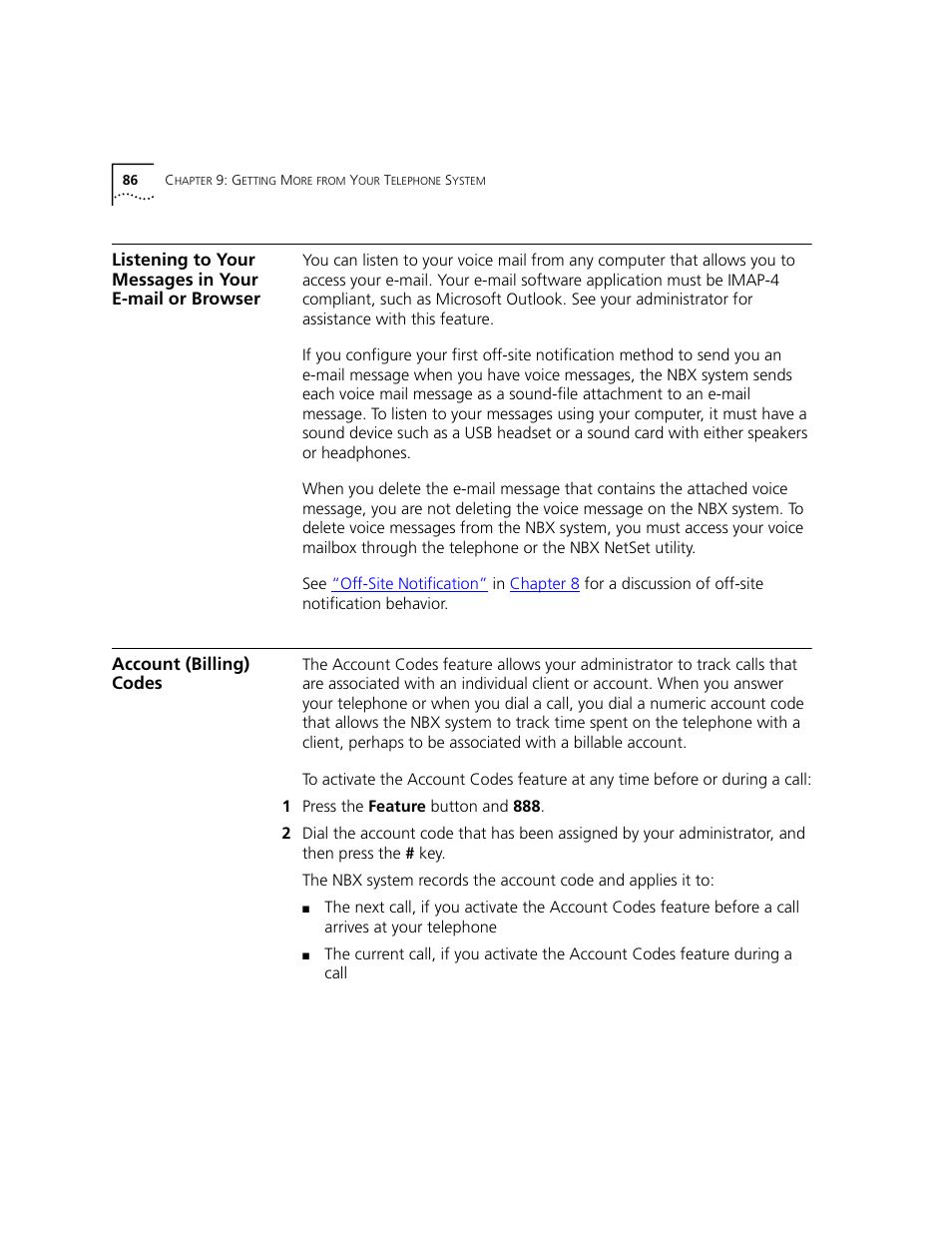Account (billing) codes, For details, see, Listening to your messages in your | E-mail or browser | 3Com NBX 3101 User Manual | Page 86 / 126