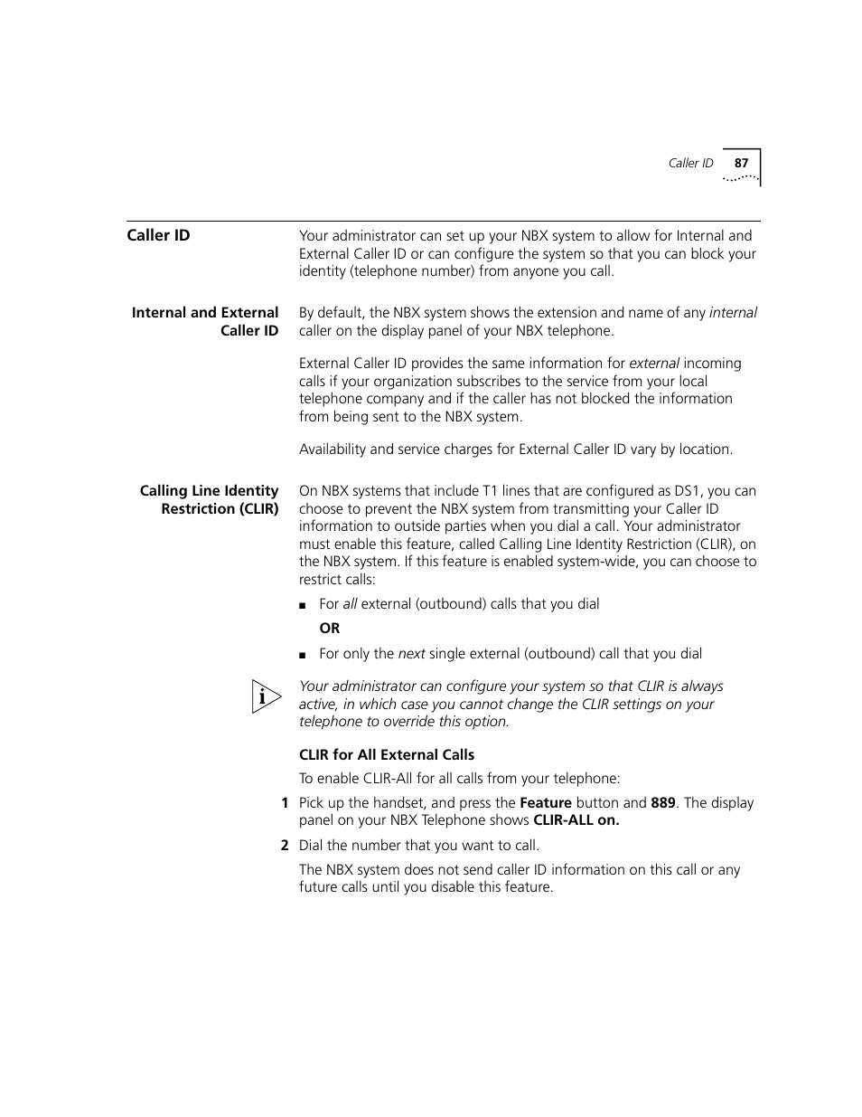Caller id, Internal and external caller id, Calling line identity restriction (clir) | 3Com NBX 3101 User Manual | Page 87 / 126