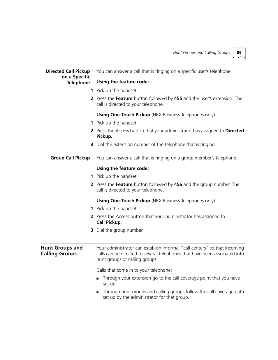 Directed call pickup on a specific telephone, Group call pickup, Hunt groups and calling groups | Chapter 9, P. see | 3Com NBX 3101 User Manual | Page 89 / 126