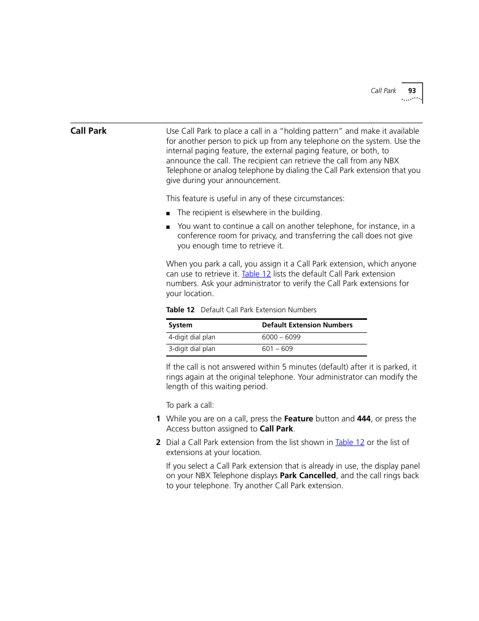 Call park, Call, Park | 3Com NBX 3101 User Manual | Page 93 / 126