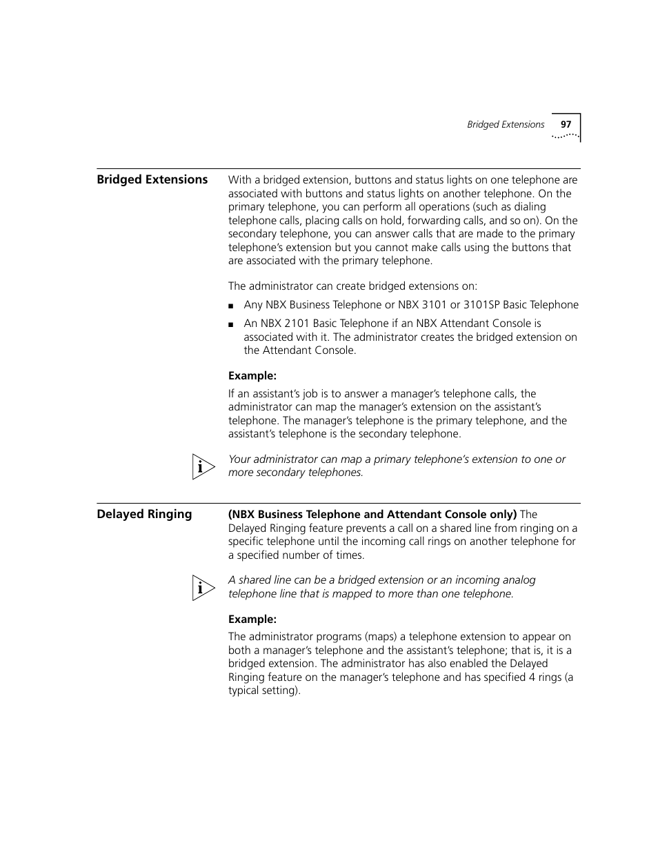 Bridged extensions, Delayed ringing | 3Com NBX 3101 User Manual | Page 97 / 126