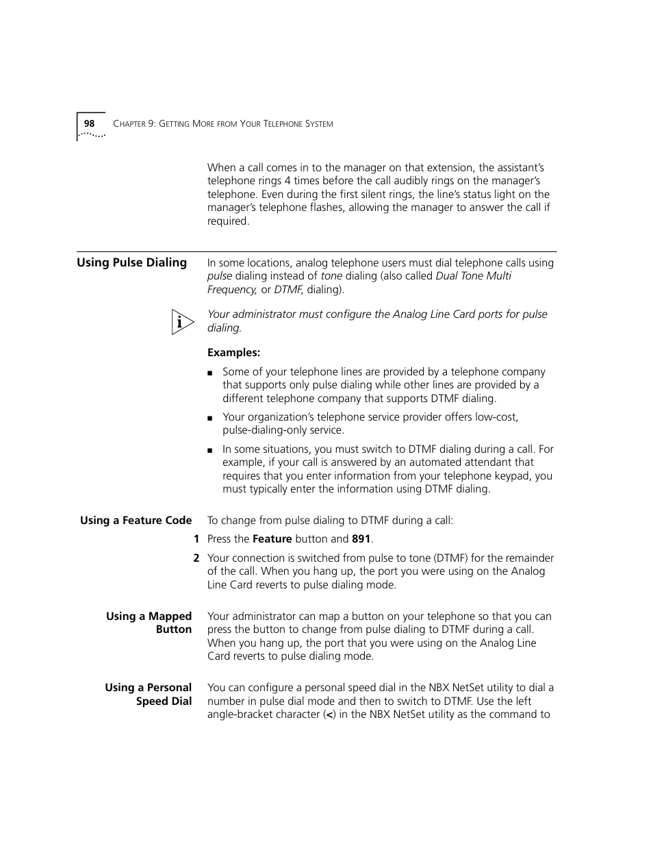 Using pulse dialing, Using a feature code, Using a mapped button | Using a personal speed dial | 3Com NBX 3101 User Manual | Page 98 / 126