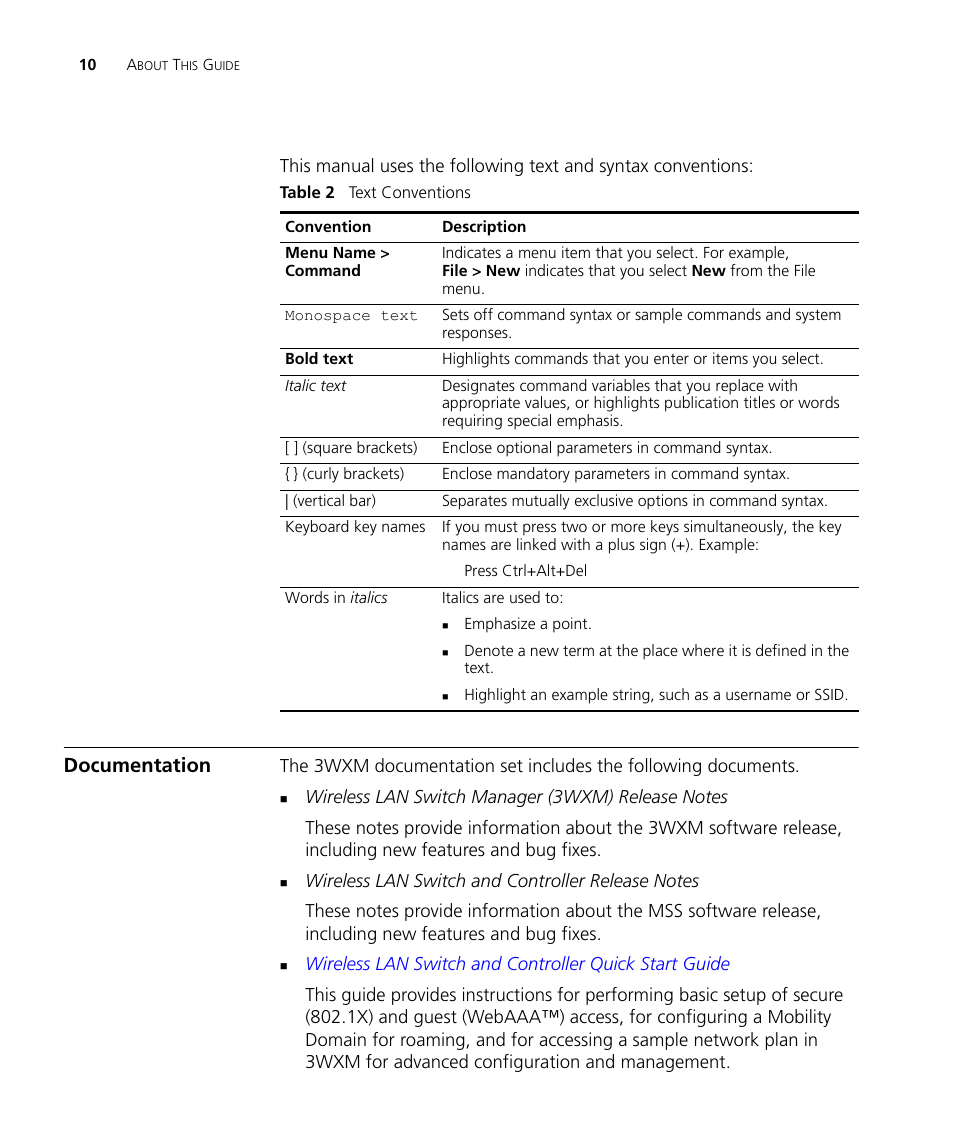 Documentation | 3Com Wireless LAN Controller WX2200 User Manual | Page 10 / 204