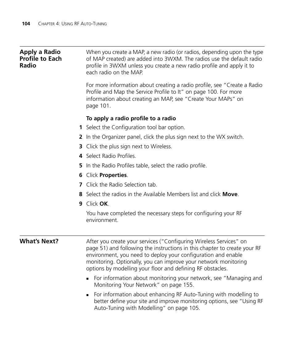 Apply a radio profile to each radio, To apply a radio profile to a radio, What’s next | 3Com Wireless LAN Controller WX2200 User Manual | Page 104 / 204