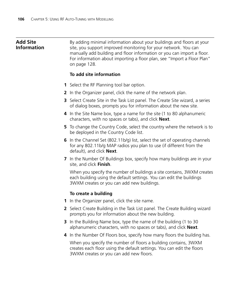 Add site information, To create a building | 3Com Wireless LAN Controller WX2200 User Manual | Page 106 / 204