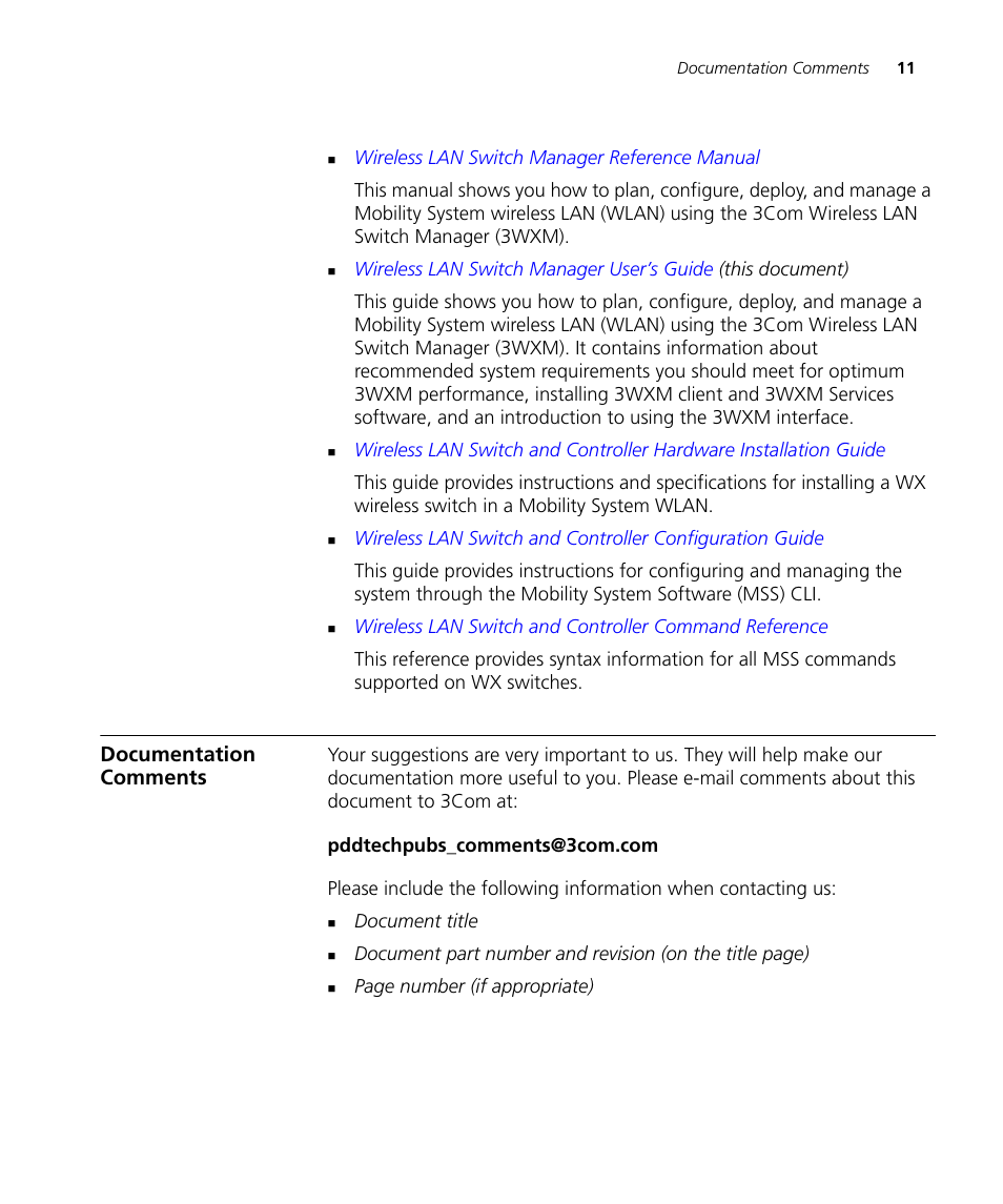 Documentation comments | 3Com Wireless LAN Controller WX2200 User Manual | Page 11 / 204