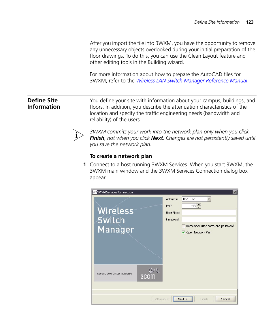 Define site information, To create a network plan | 3Com Wireless LAN Controller WX2200 User Manual | Page 123 / 204