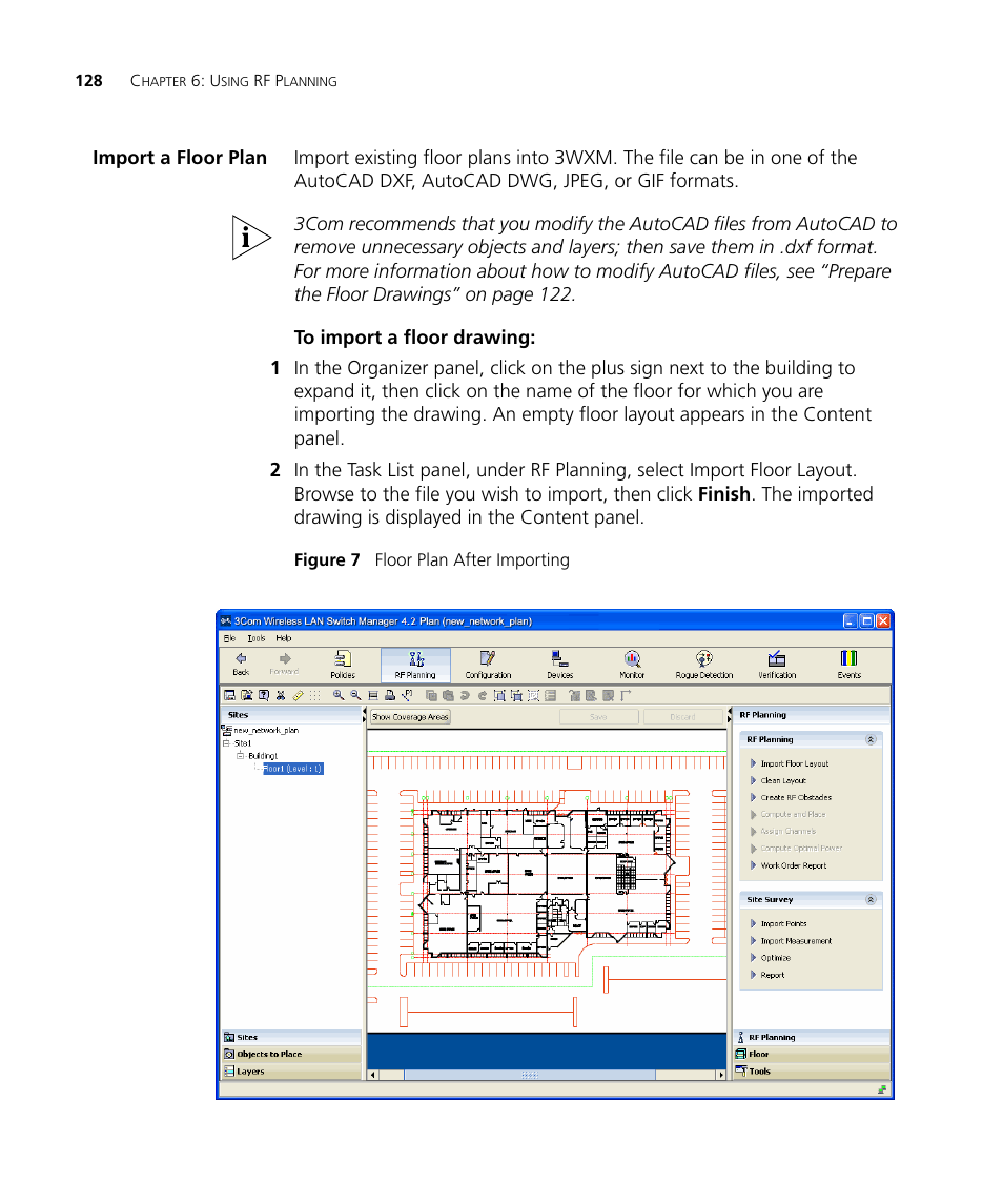 Import a floor plan, To import a floor drawing | 3Com Wireless LAN Controller WX2200 User Manual | Page 128 / 204