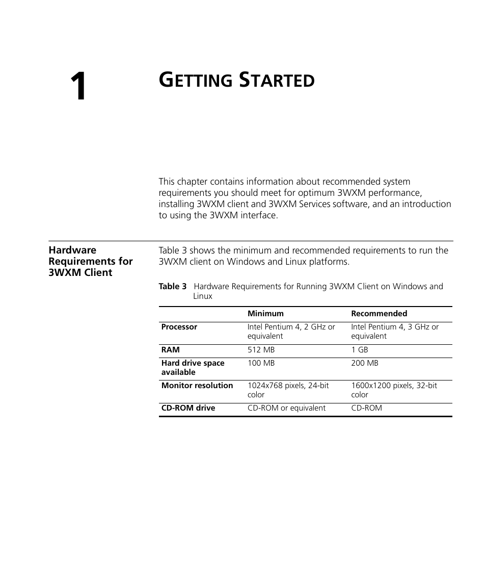 Getting started, Hardware requirements for 3wxm client, Etting | Tarted | 3Com Wireless LAN Controller WX2200 User Manual | Page 13 / 204