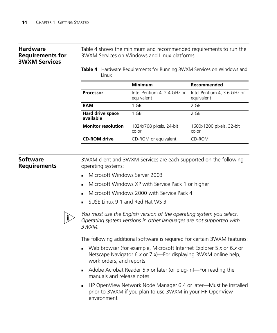 Hardware requirements for 3wxm services, Software requirements | 3Com Wireless LAN Controller WX2200 User Manual | Page 14 / 204