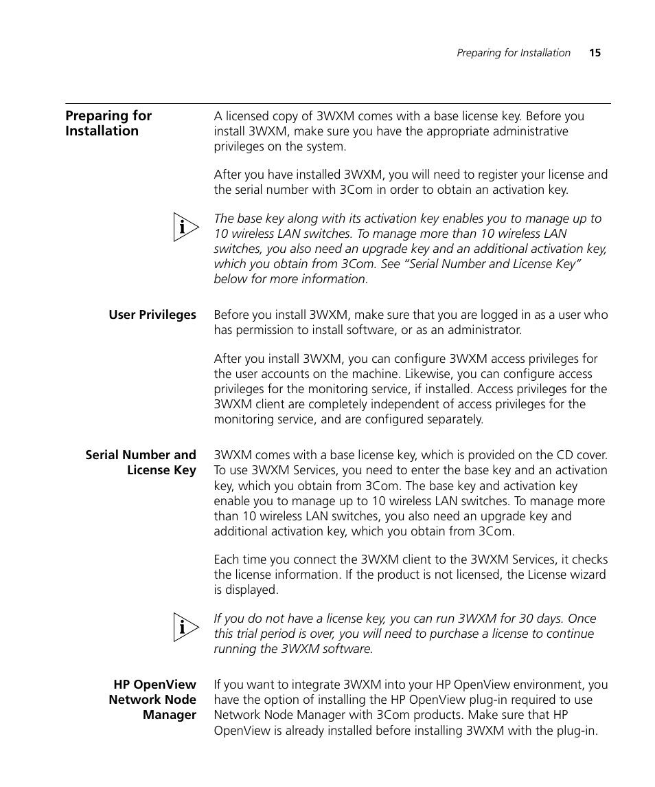 Preparing for installation, User privileges, Serial number and license key | Hp openview network node manager | 3Com Wireless LAN Controller WX2200 User Manual | Page 15 / 204