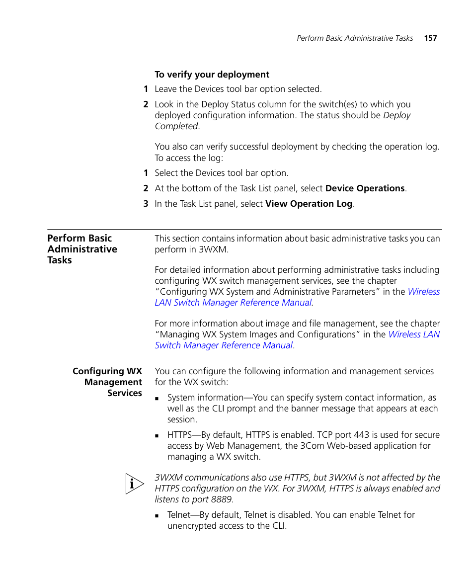 To verify your deployment, Perform basic administrative tasks, Configuring wx management services | 3Com Wireless LAN Controller WX2200 User Manual | Page 157 / 204