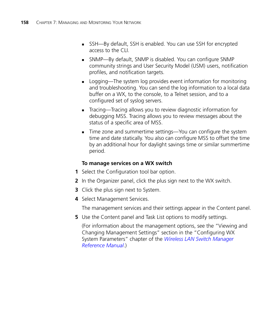 To manage services on a wx switch | 3Com Wireless LAN Controller WX2200 User Manual | Page 158 / 204
