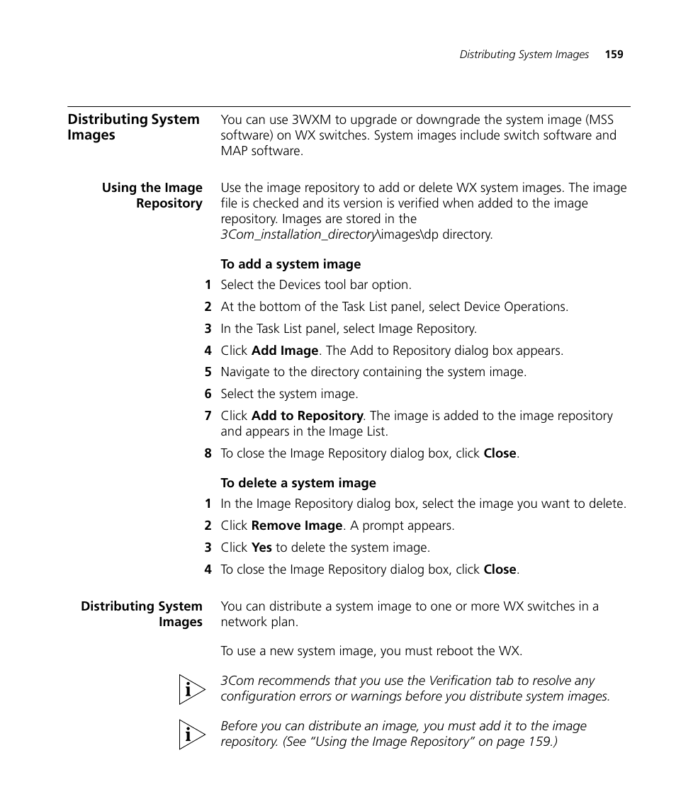 Distributing system images, Using the image repository, To add a system image | To delete a system image | 3Com Wireless LAN Controller WX2200 User Manual | Page 159 / 204