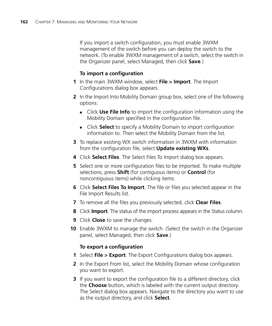 To import a configuration, To export a configuration | 3Com Wireless LAN Controller WX2200 User Manual | Page 162 / 204