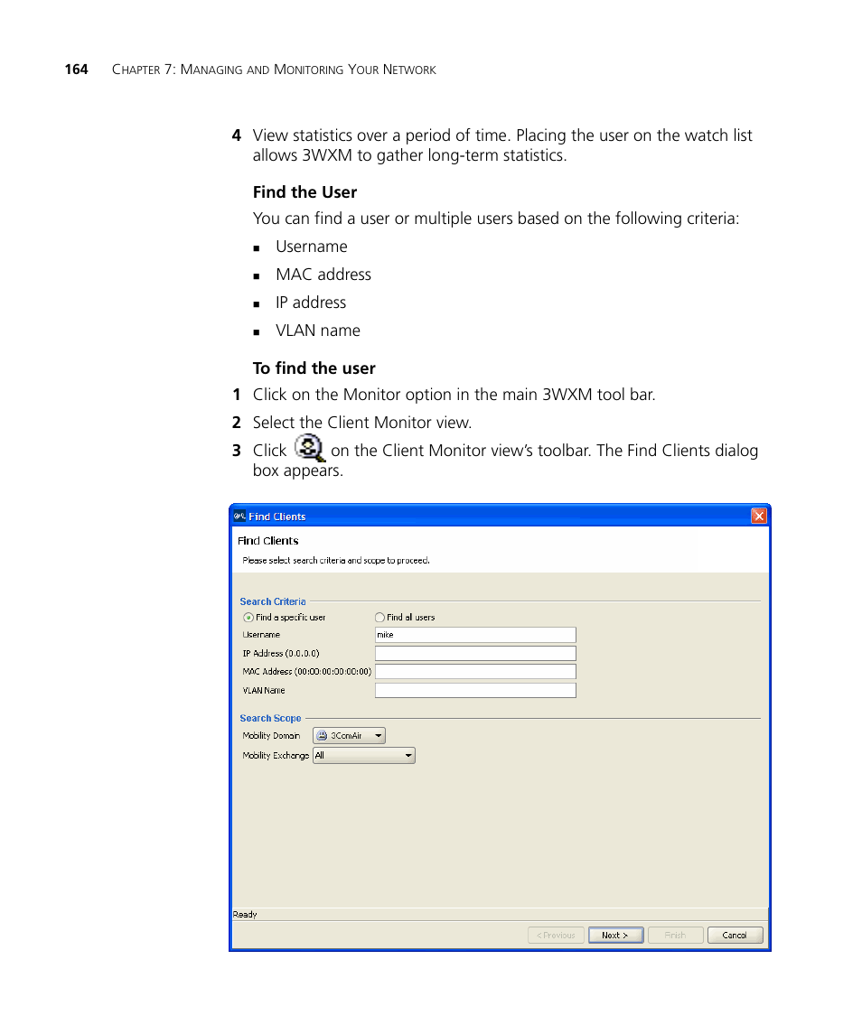 Find the user, To find the user | 3Com Wireless LAN Controller WX2200 User Manual | Page 164 / 204