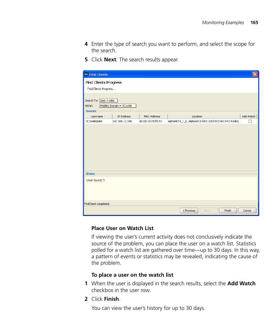 Place user on watch list, To place a user on the watch list | 3Com Wireless LAN Controller WX2200 User Manual | Page 165 / 204