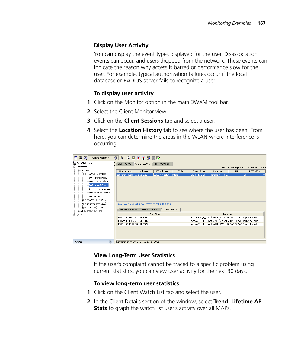Display user activity, To display user activity, View long-term user statistics | To view long-term user statistics | 3Com Wireless LAN Controller WX2200 User Manual | Page 167 / 204